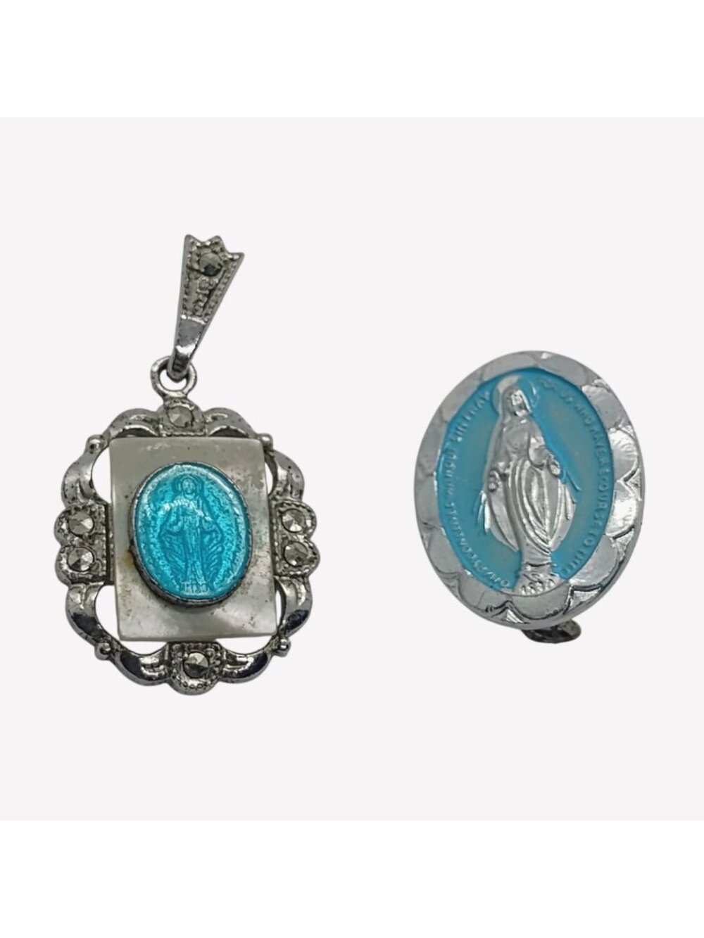 Vtg Theda Sterling Silver Miraculous Virgin Blue Enamel Marcasite Pendant +Extra